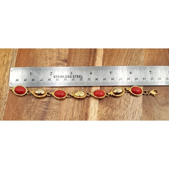 Liz Claiborne Cabochon Link Bracelet Red Faux Coral Gold Tone 7 In Lobster Clasp - Picture 5 of 6